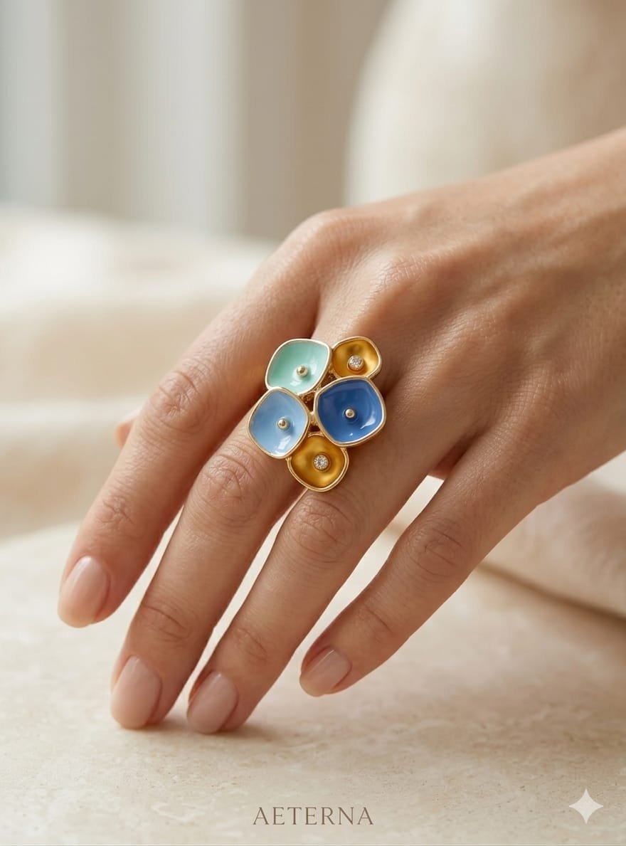 Ocean Mist &amp; Floral Enamel Statement Ring
