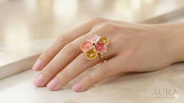 Rose Blush &amp; Honey Gold Bloom Floral Enamel Statement Ring