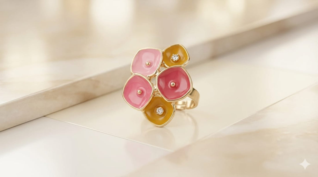 Rose Blush &amp; Honey Gold Bloom Floral Enamel Statement Ring