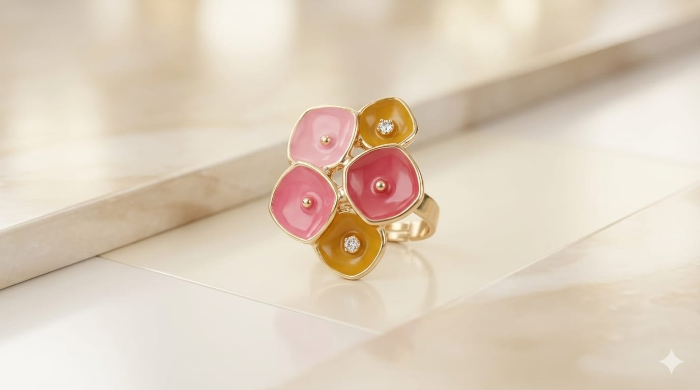 Rose Blush &amp; Honey Gold Bloom Floral Enamel Statement Ring