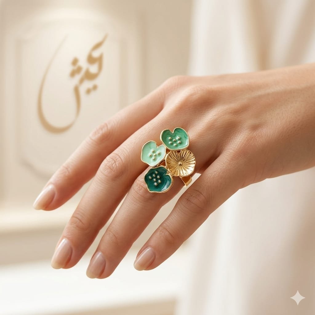 Lotus Blossom Seafoam &amp; Jade Green Enamel Gold Ring