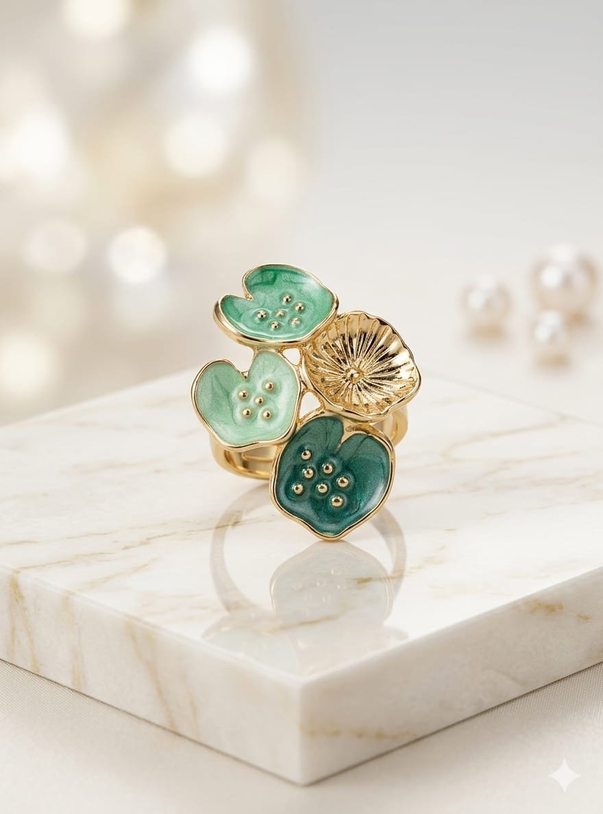 Lotus Blossom Seafoam &amp; Jade Green Enamel Gold Ring