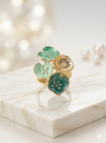Lotus Blossom Seafoam &amp; Jade Green Enamel Gold Ring