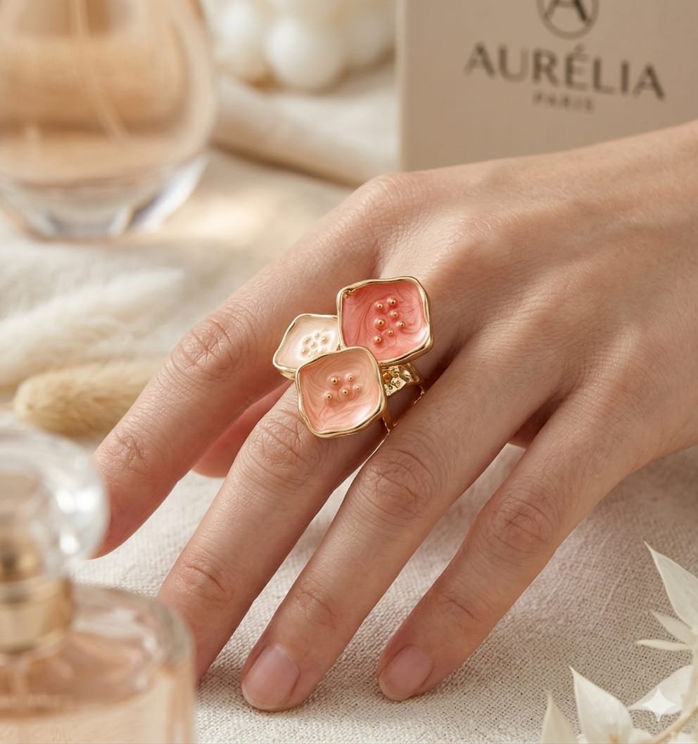 Trio Blossom Salmon Pink &amp; Peach Enamel Gold Ring