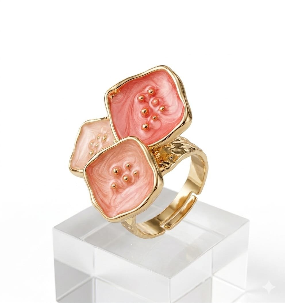 Trio Blossom Salmon Pink &amp; Peach Enamel Gold Ring