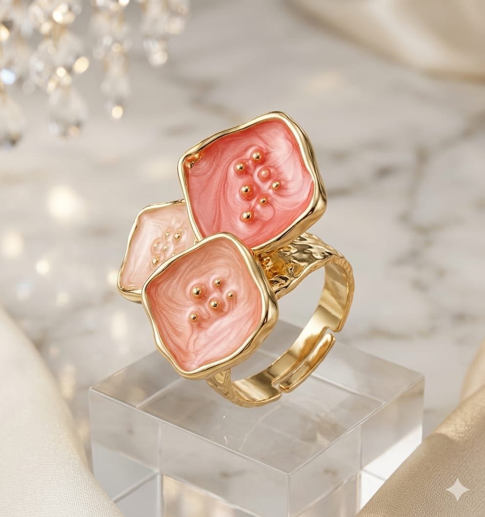 Trio Blossom Salmon Pink &amp; Peach Enamel Gold Ring
