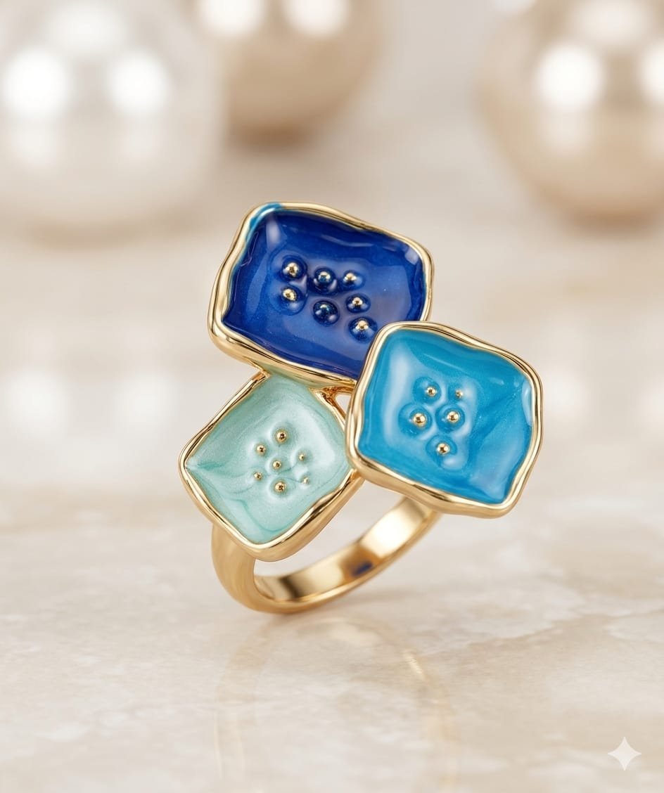 Midnight Sapphire, Sky Blue &amp; Ice Mint Geometric Enamel Statement Ring