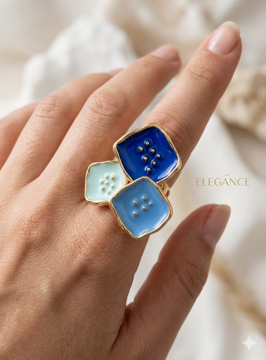 Midnight Sapphire, Sky Blue &amp; Ice Mint Geometric Enamel Statement Ring
