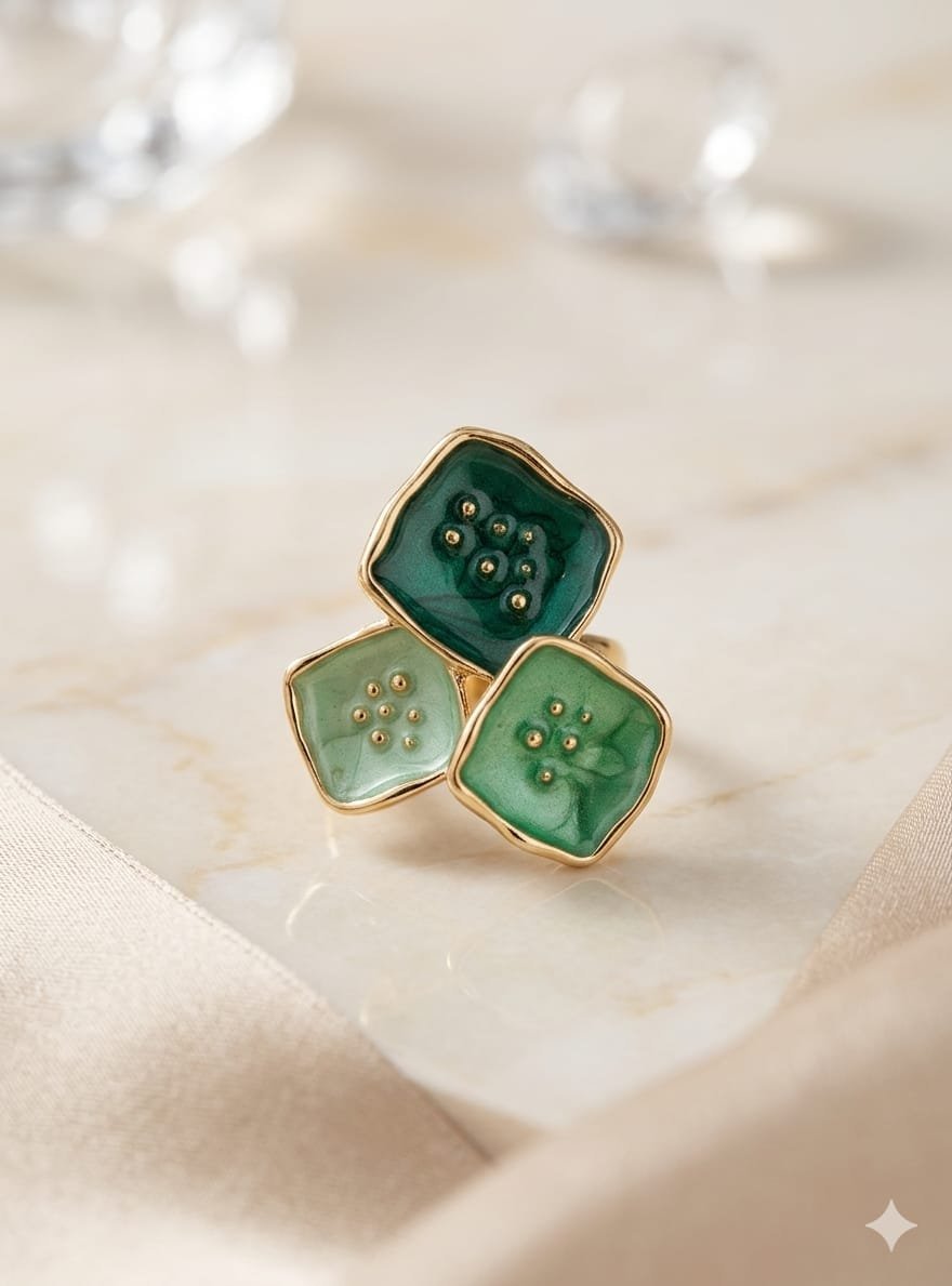 Trio Blossom Emerald &amp; Mint Green Enamel Gold Ring