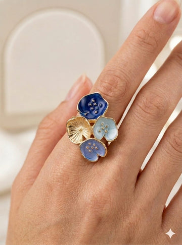 Lotus Blossom Royal &amp; Sky Blue Enamel Gold Ring