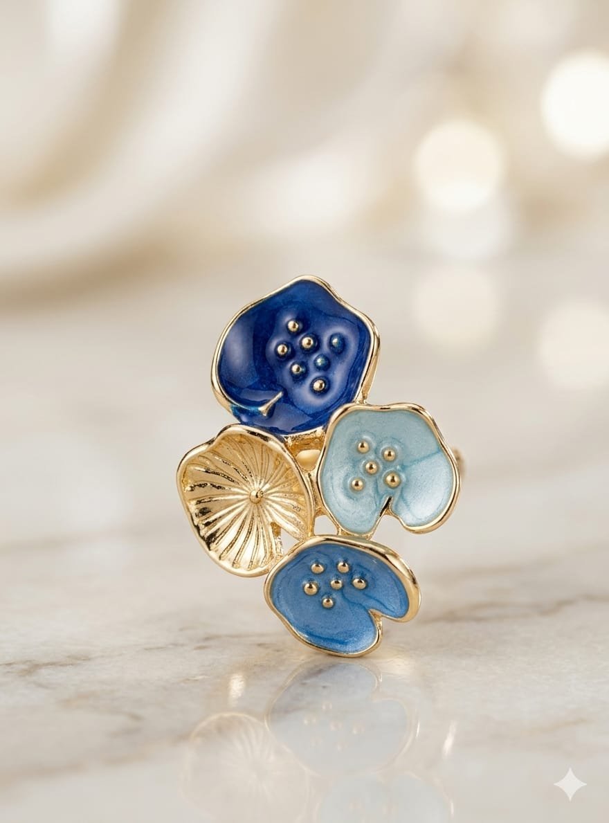 Lotus Blossom Royal &amp; Sky Blue Enamel Gold Ring