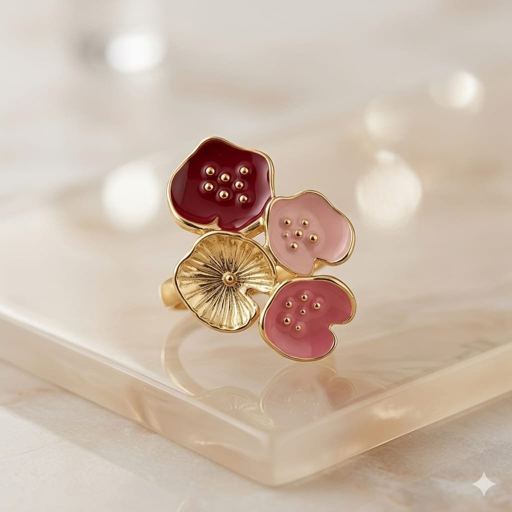 Lotus Blossom Maroon &amp; Rose Pink Enamel Gold Ring