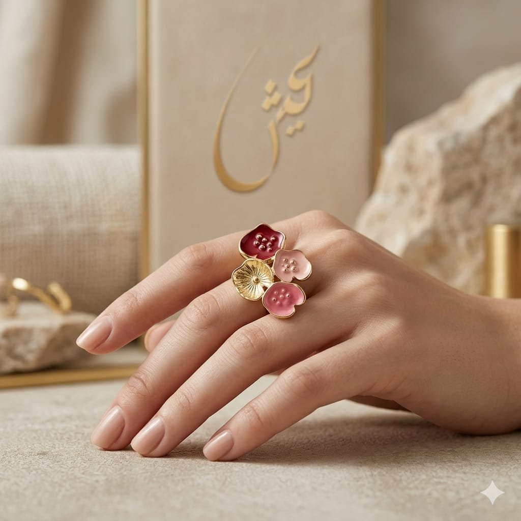Lotus Blossom Maroon &amp; Rose Pink Enamel Gold Ring