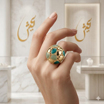 Dome Cluster Mint &amp; Emerald Green Enamel Gold Ring