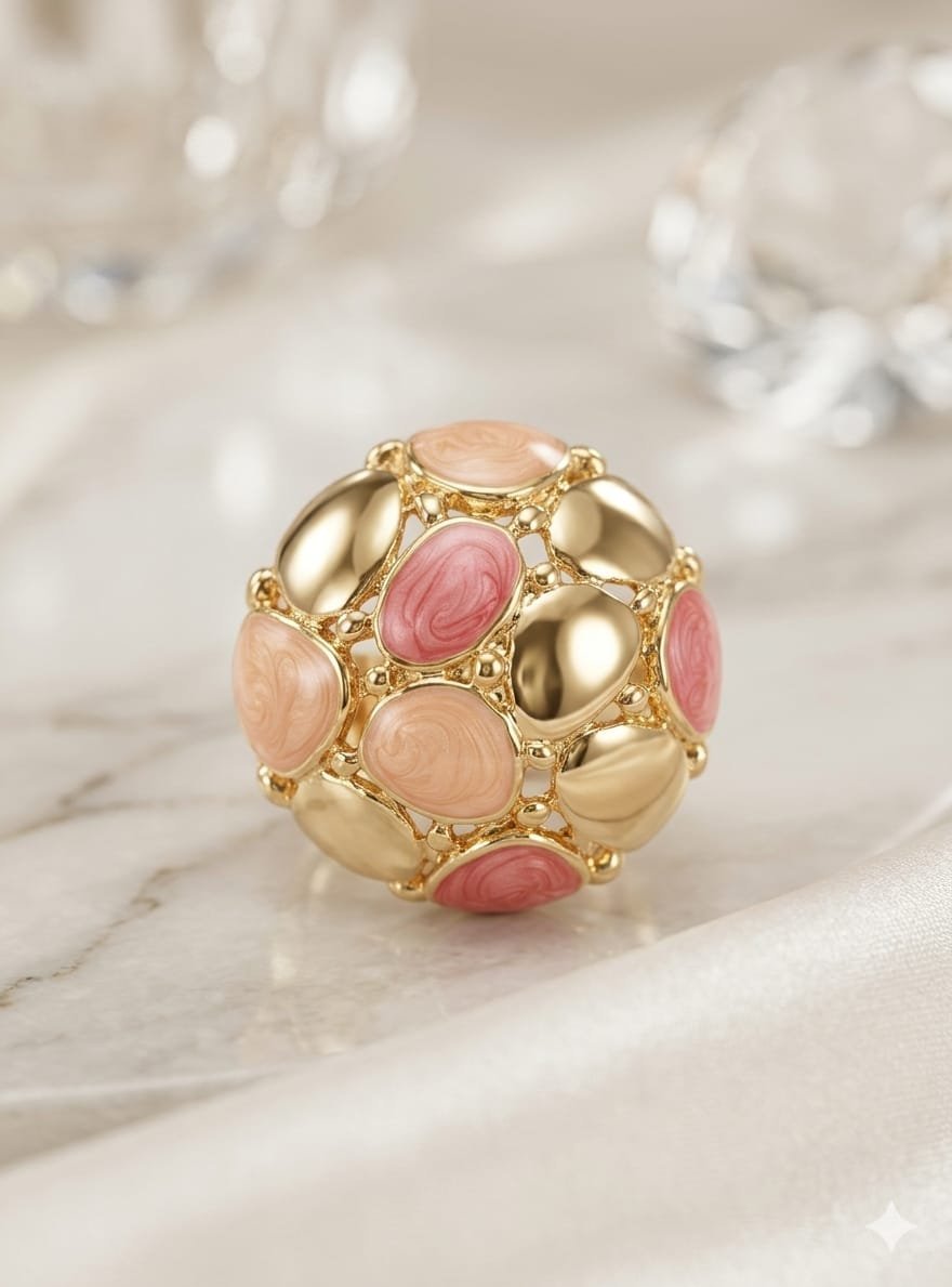 Dome Cluster Peach &amp; Rose Pink Enamel Gold Ring