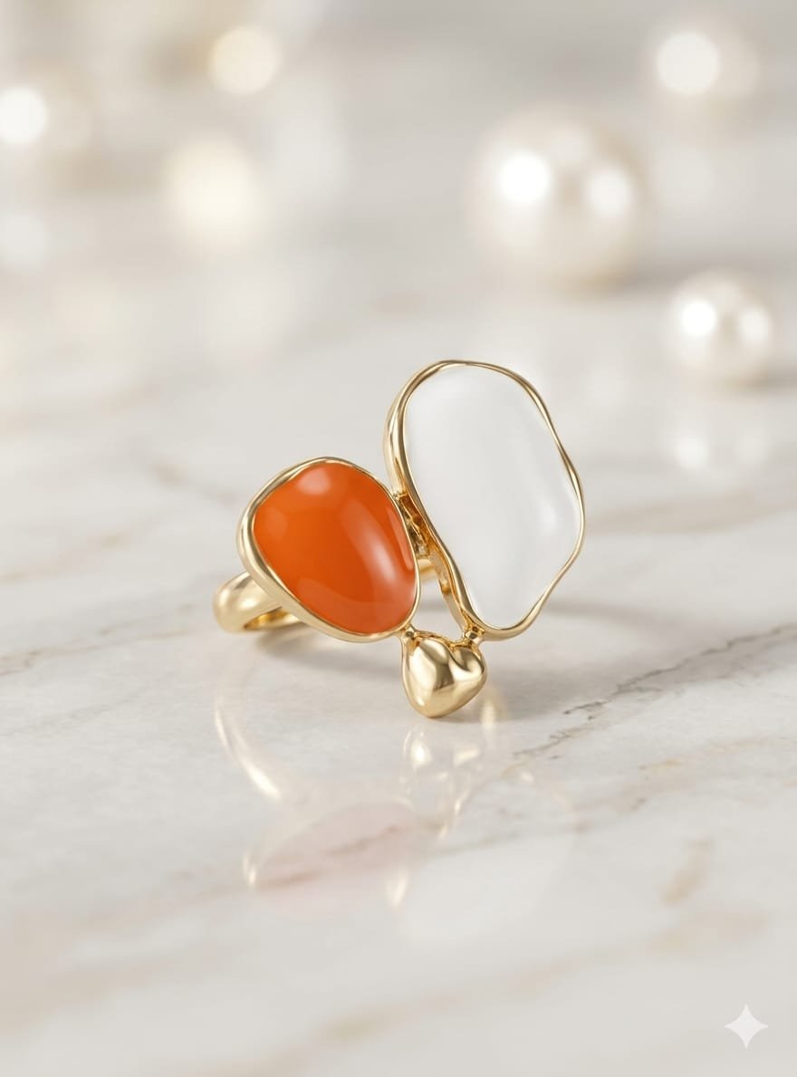 Abstract Pebble Tangerine Orange &amp; Pearl White Enamel Gold Ring
