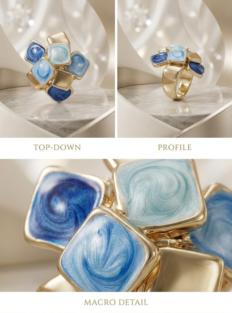 Golden Oceanic Blue Rubik Ring
