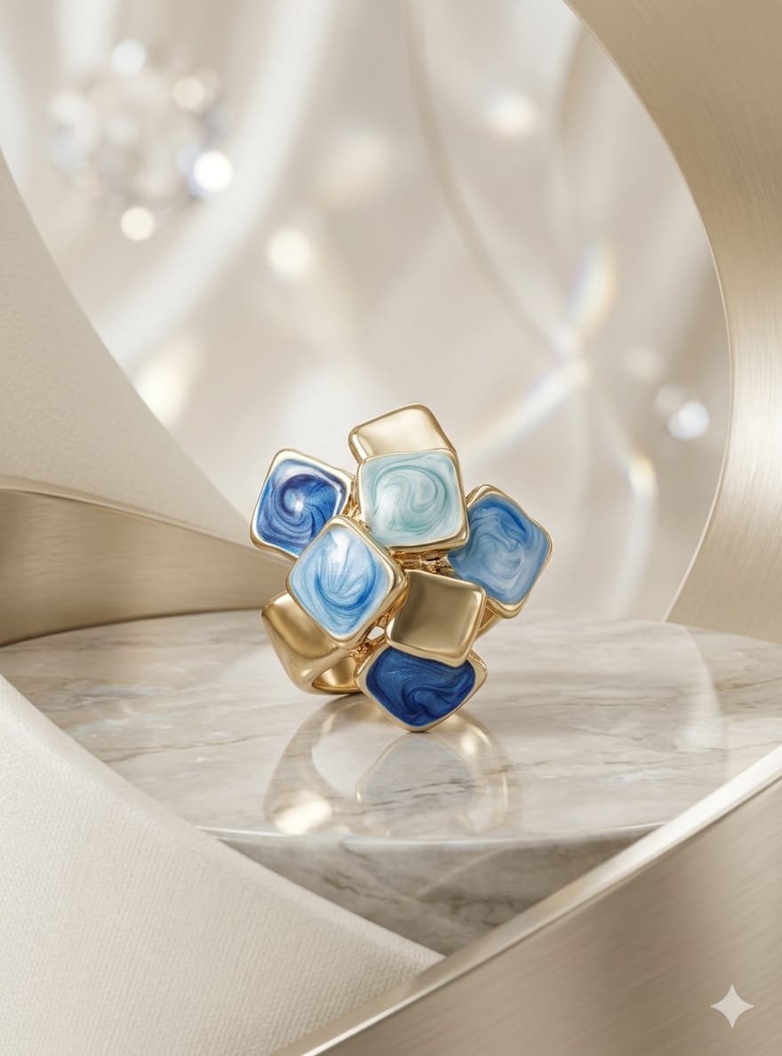 Golden Oceanic Blue Rubik Ring