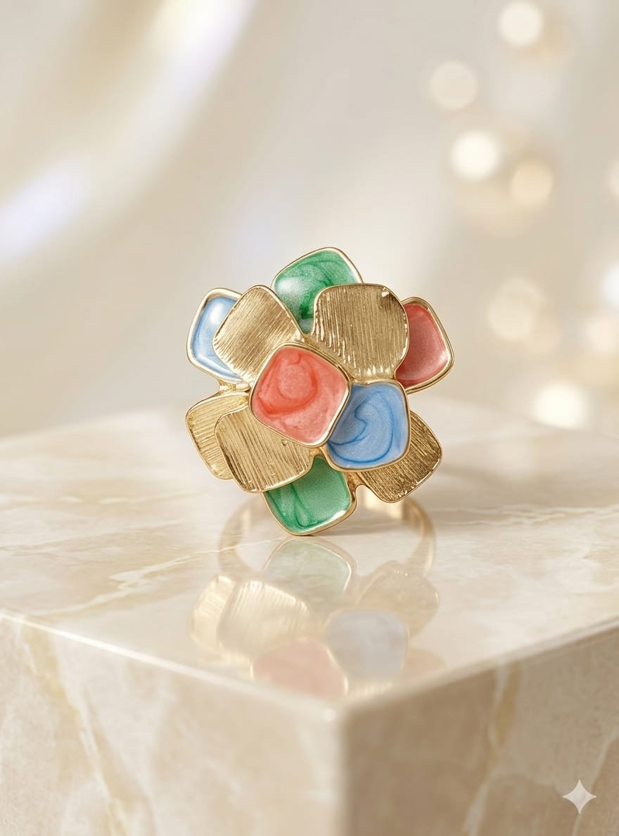 Golden Multicoloured Flower Ring