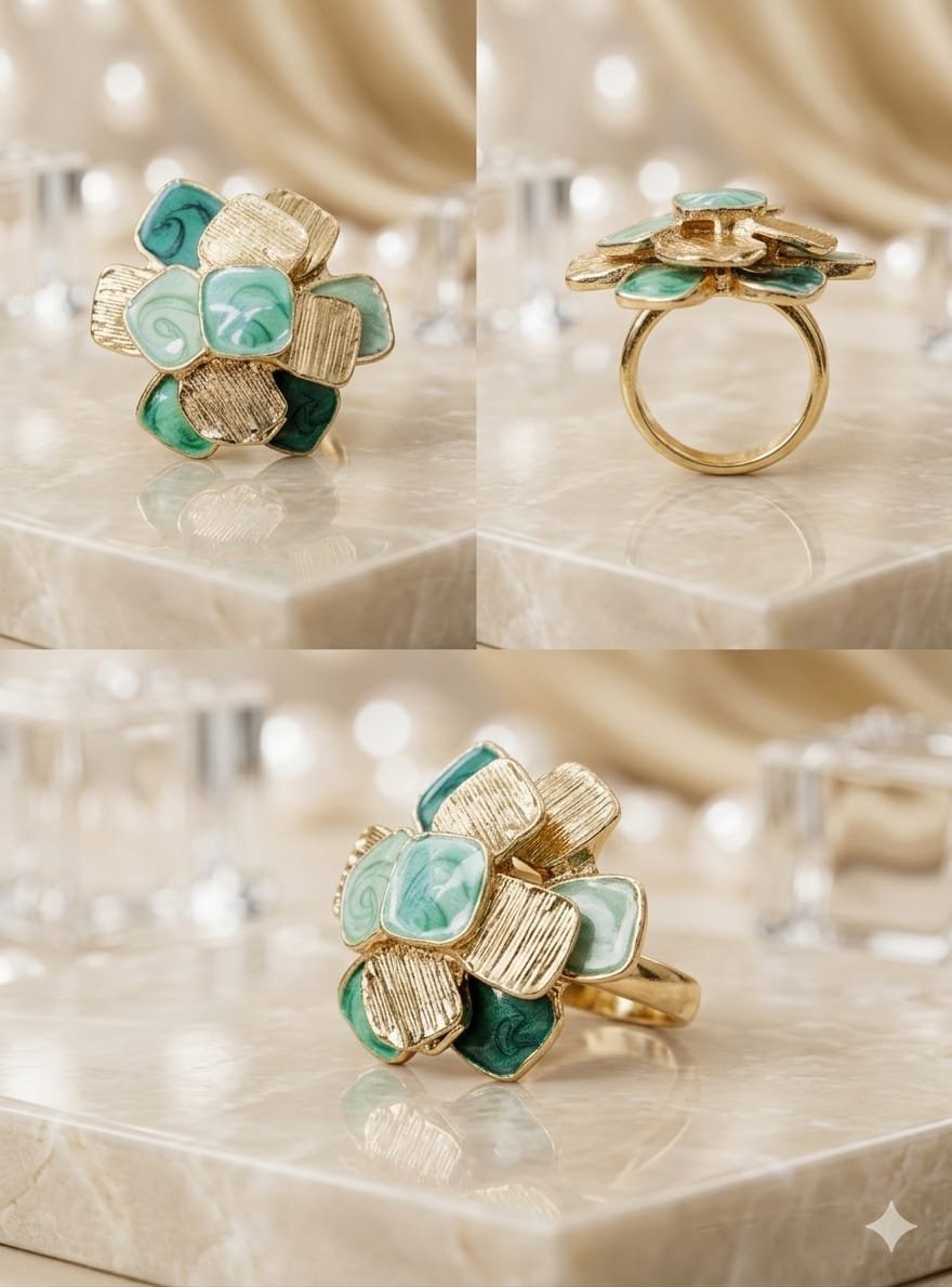 Golden Mint Green Flower Ring