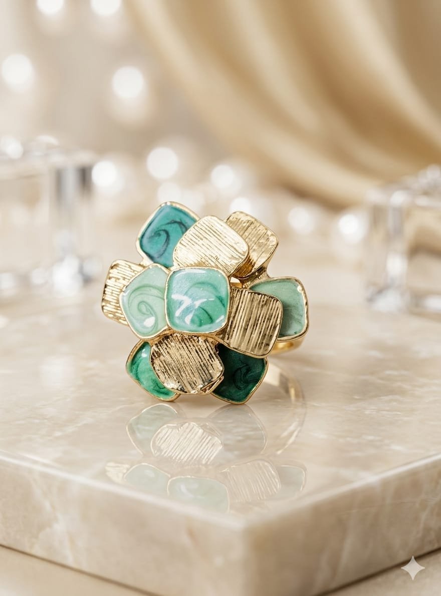 Golden Mint Green Flower Ring