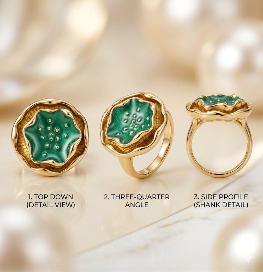 Golden Emerald Green Lotus Ring