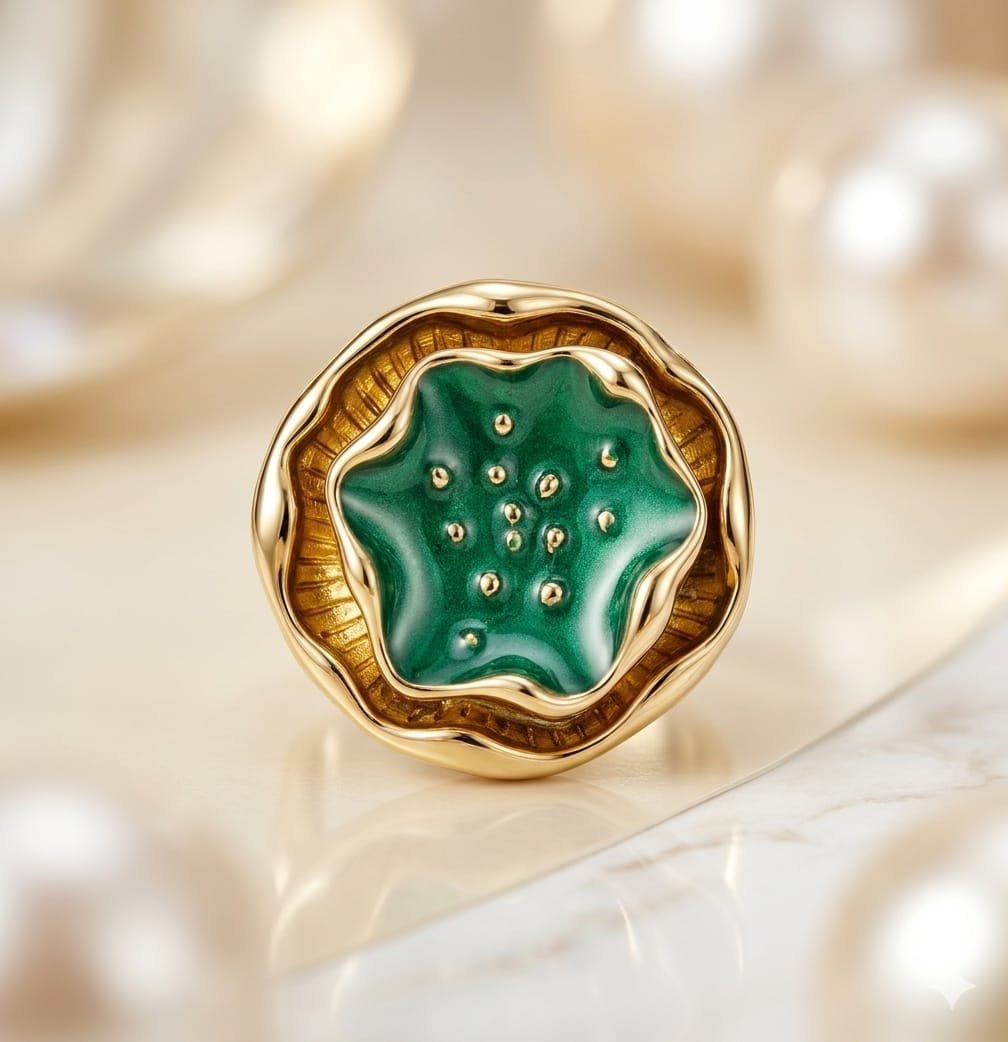 Golden Emerald Green Lotus Ring