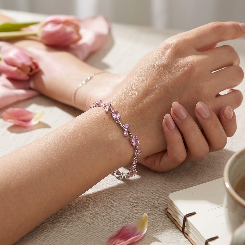 Silver Pink Zircon Tulip Bracelet