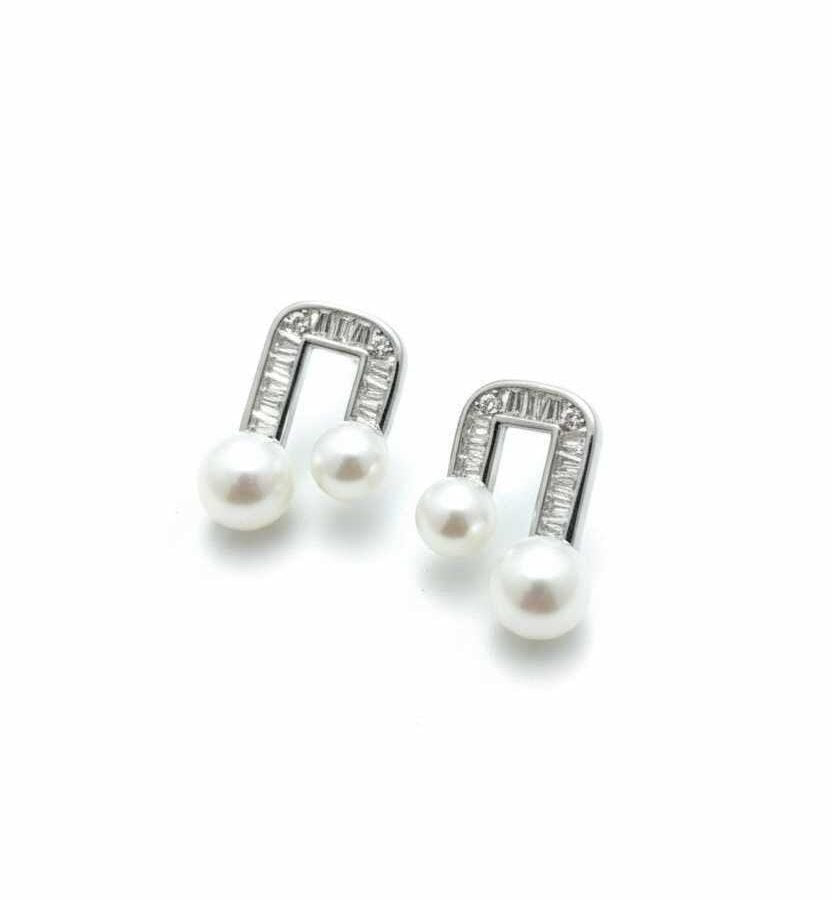 Modern Arch Double Pearl Drop Earrings
