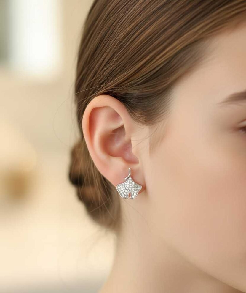 Dainty Pave Ginkgo Leaf Stud Earrings