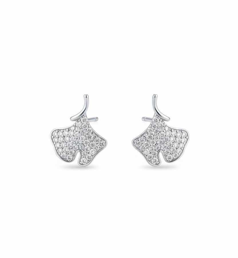 Dainty Pave Ginkgo Leaf Stud Earrings