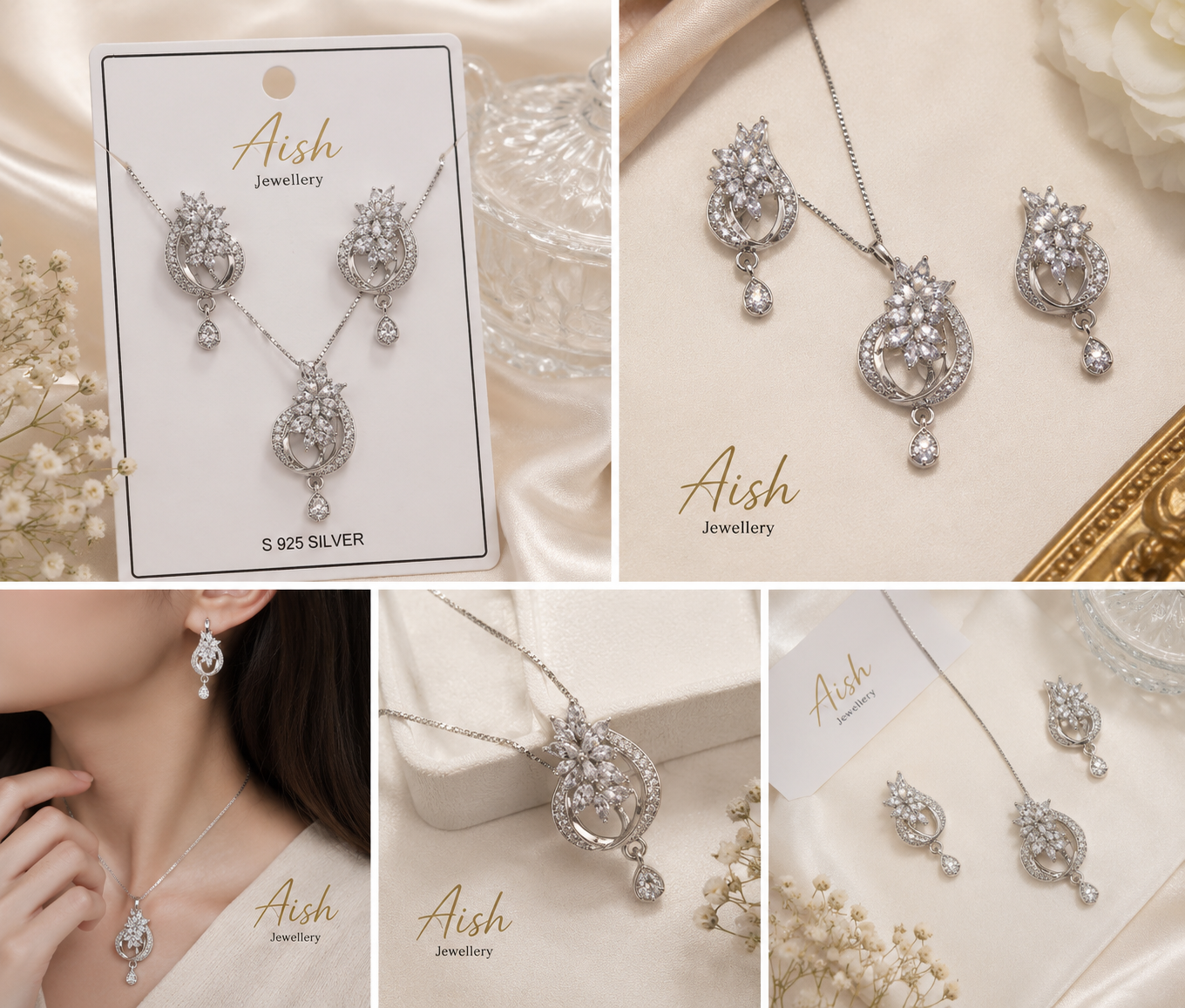 Elegant Floral Stone Pendant Necklace & Earrings Set