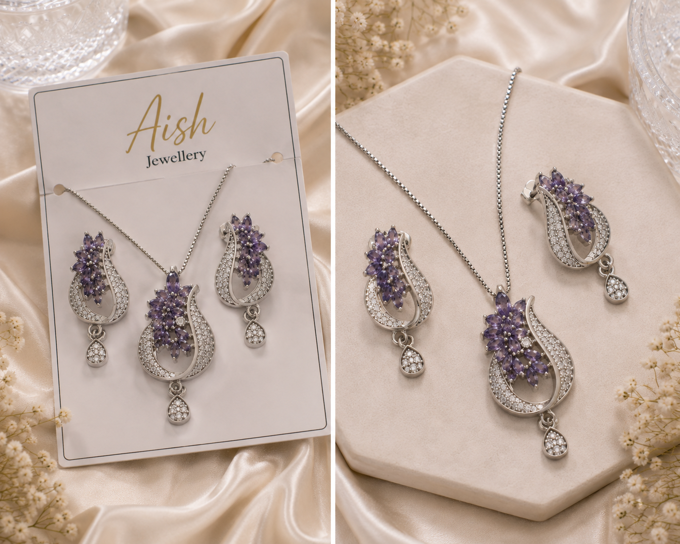 Elegant Floral Stone Pendant Necklace & Earrings Set