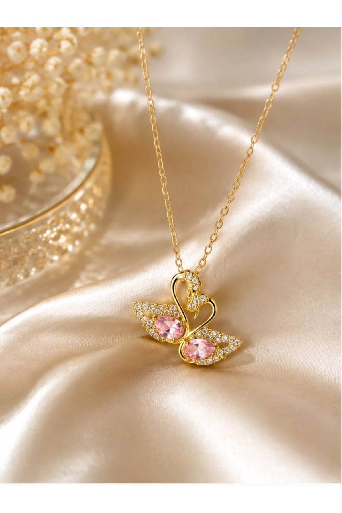 Pink Crystal Swan Pendant Necklace