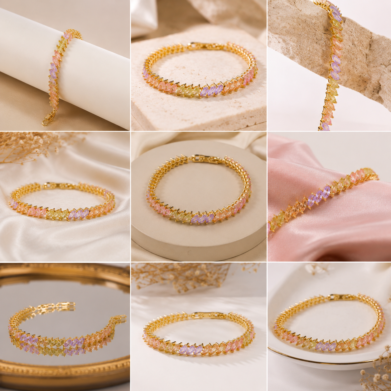 Pastel Crystal Tennis Bracelet – Gold Plated Multicolor Stone Bracelet