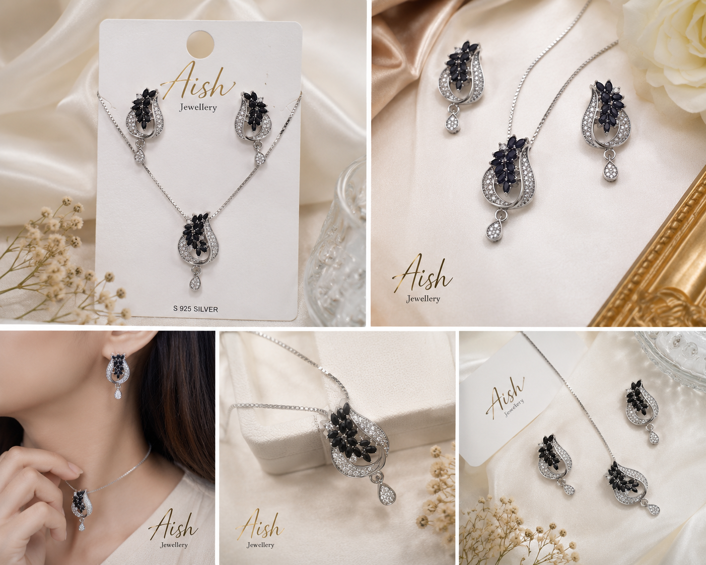 Elegant Floral Stone Pendant Necklace & Earrings Set