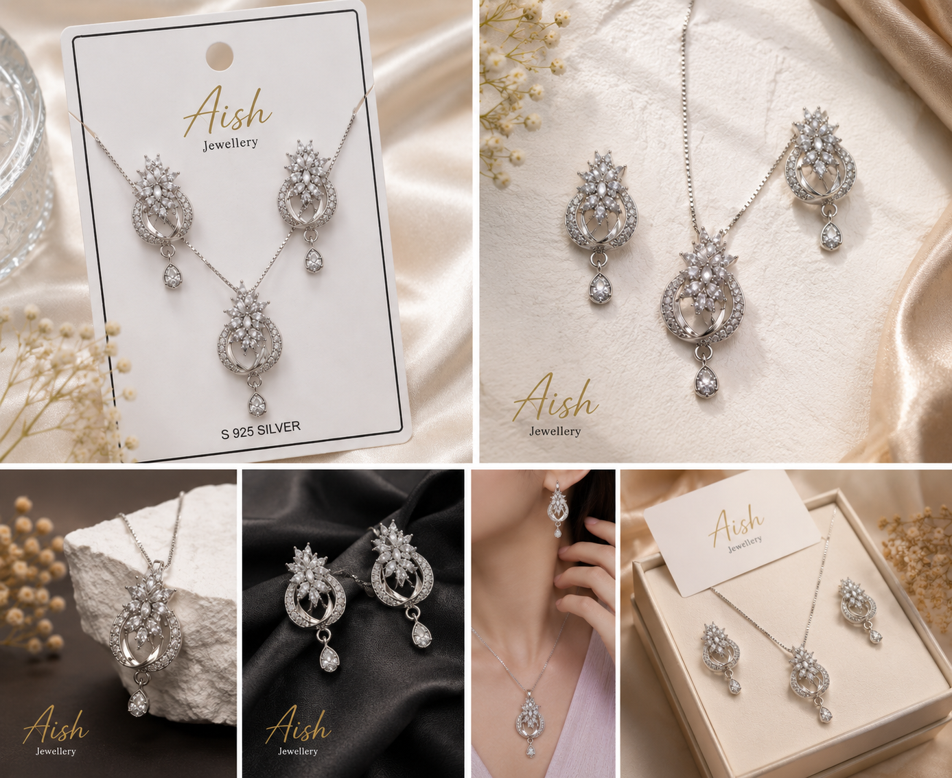 Elegant Floral Stone Pendant Necklace & Earrings Set