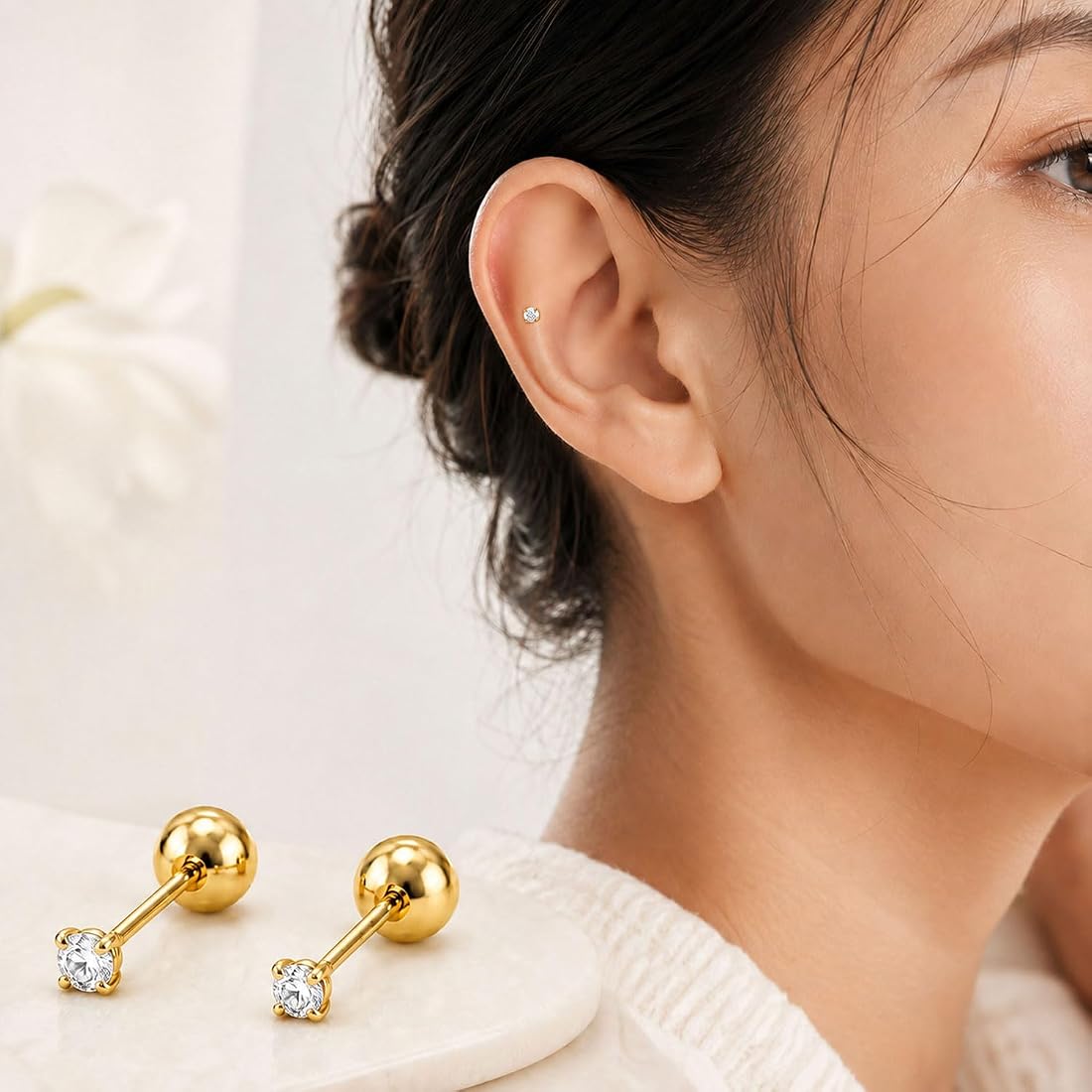 14K Gold Crystal Cartilage Stud Earrings – Safety Screw Back