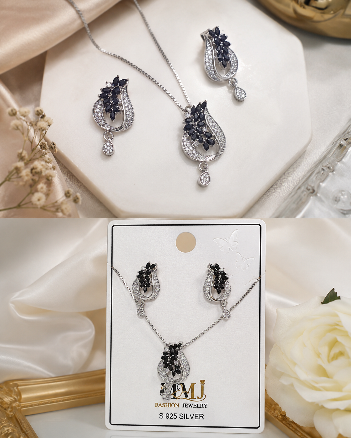 Elegant Floral Stone Pendant Necklace & Earrings Set