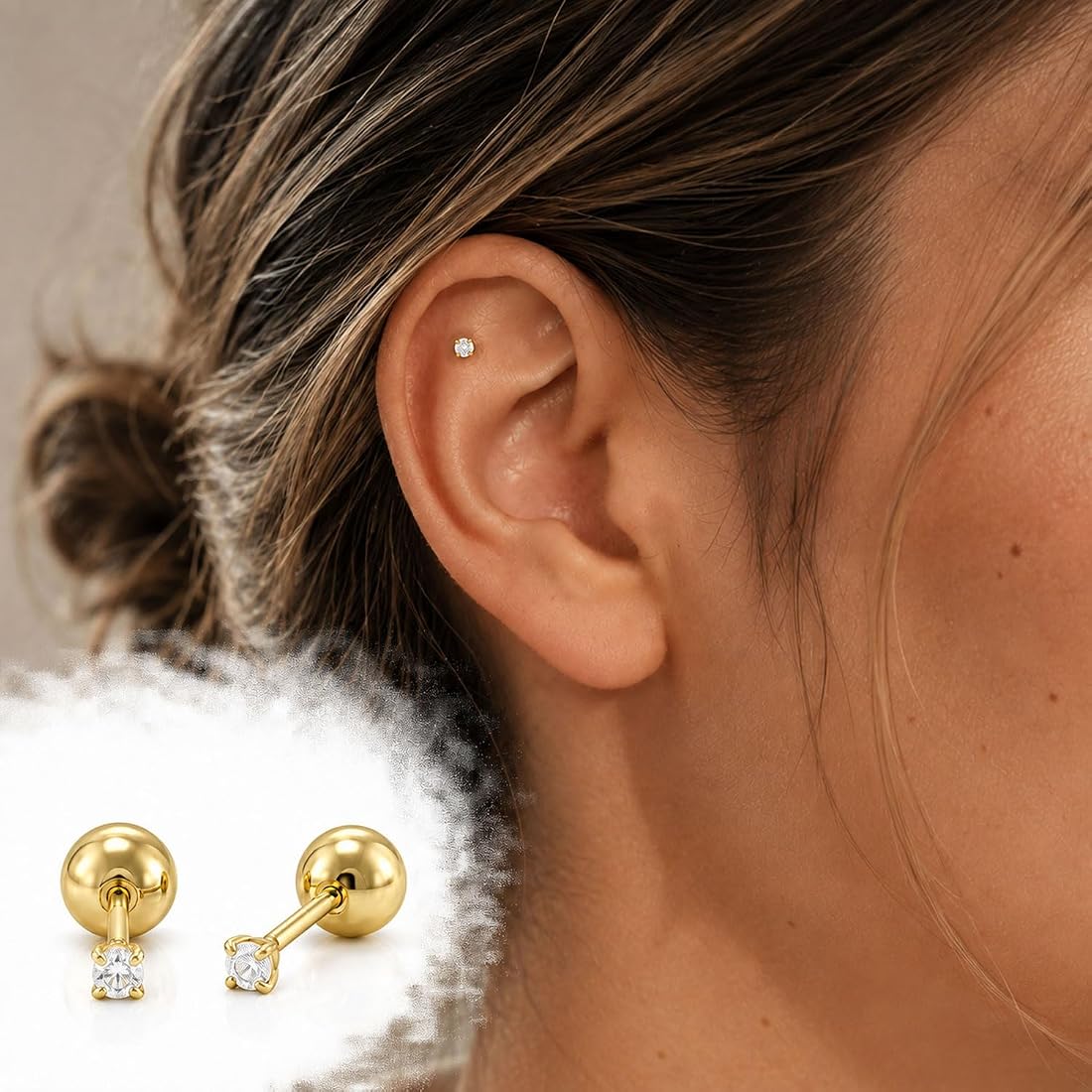 14K Gold Crystal Cartilage Stud Earrings – Safety Screw Back