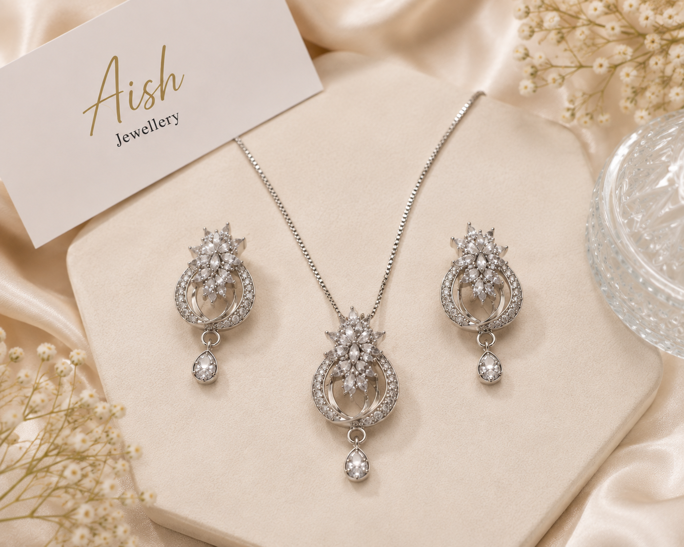 Elegant Floral Stone Pendant Necklace & Earrings Set