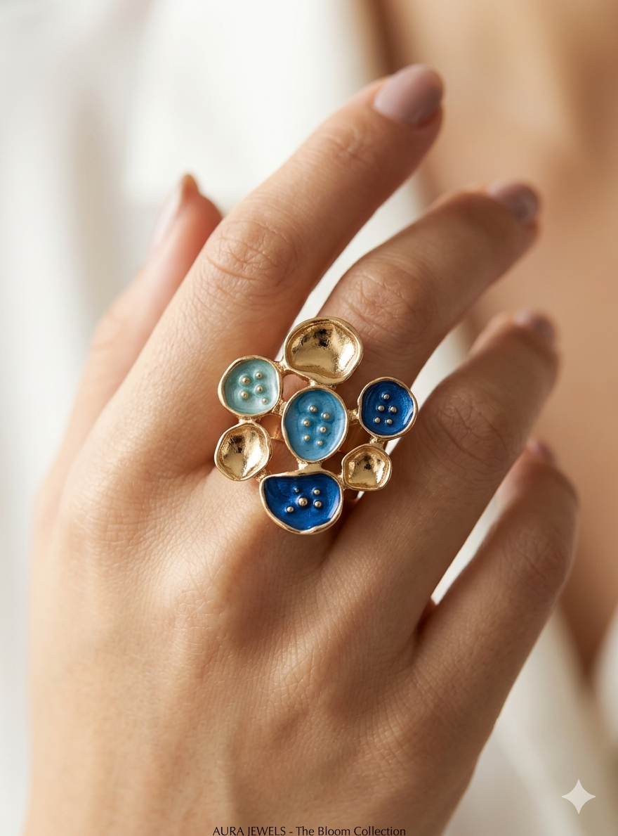 Sapphire Bloom Adjustable Floral Statement Ring