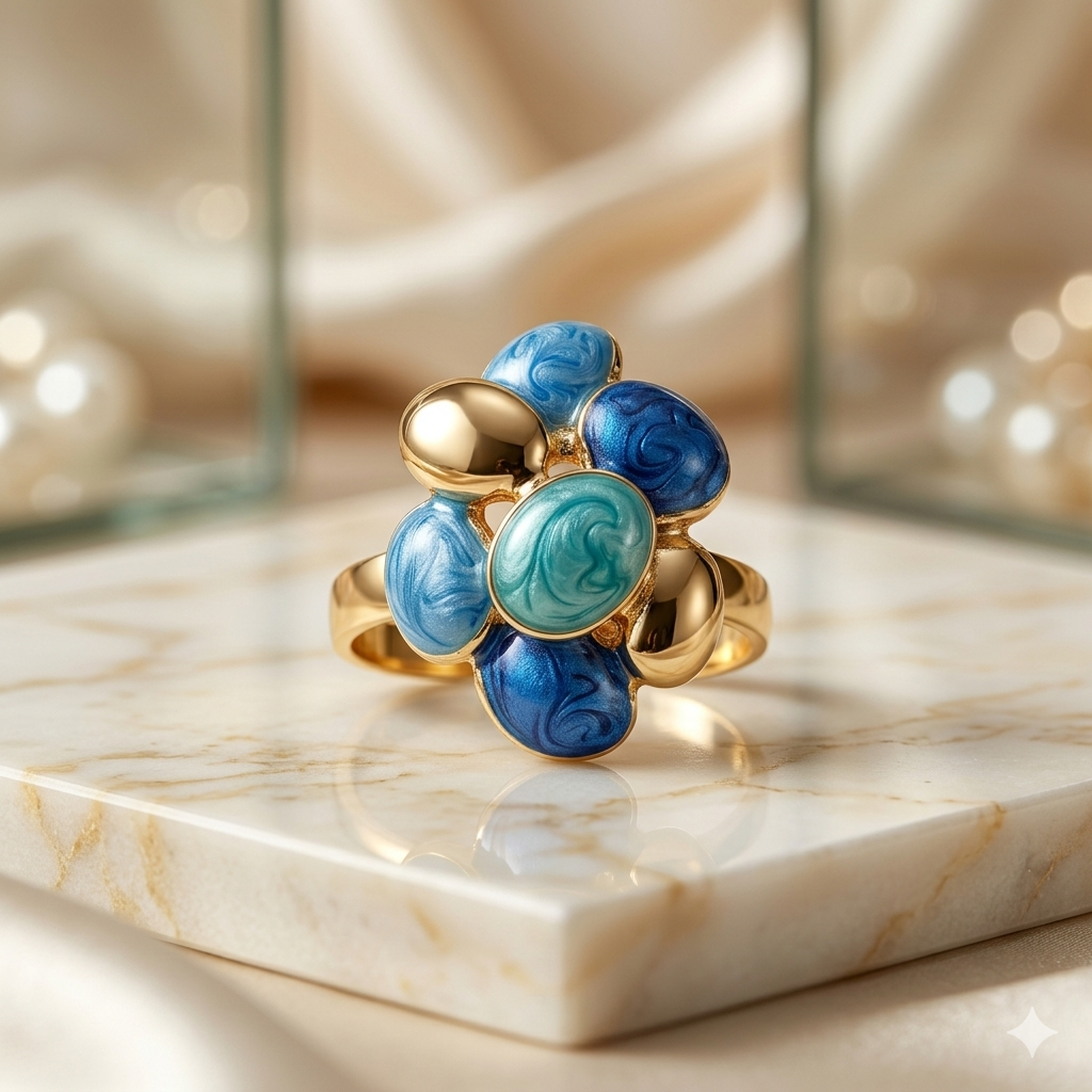 Azure Bloom Enamel &amp; Gold Statement Ring – Artisan Luxury Collection
