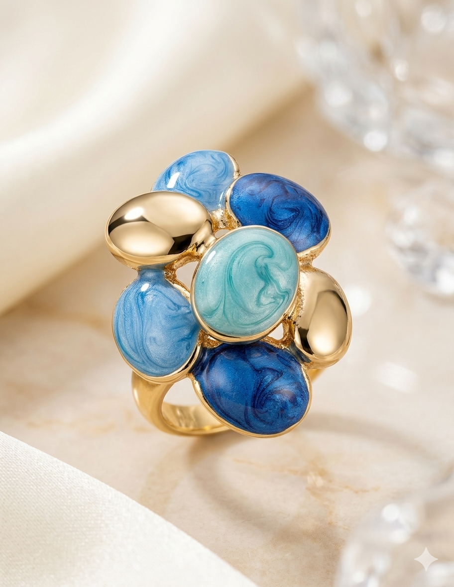 Azure Bloom Enamel &amp; Gold Statement Ring – Artisan Luxury Collection