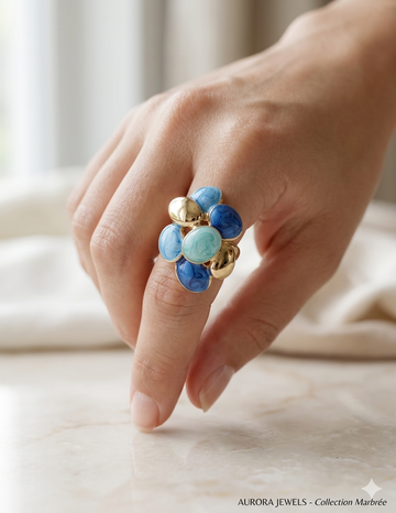 Azure Bloom Enamel &amp; Gold Statement Ring – Artisan Luxury Collection