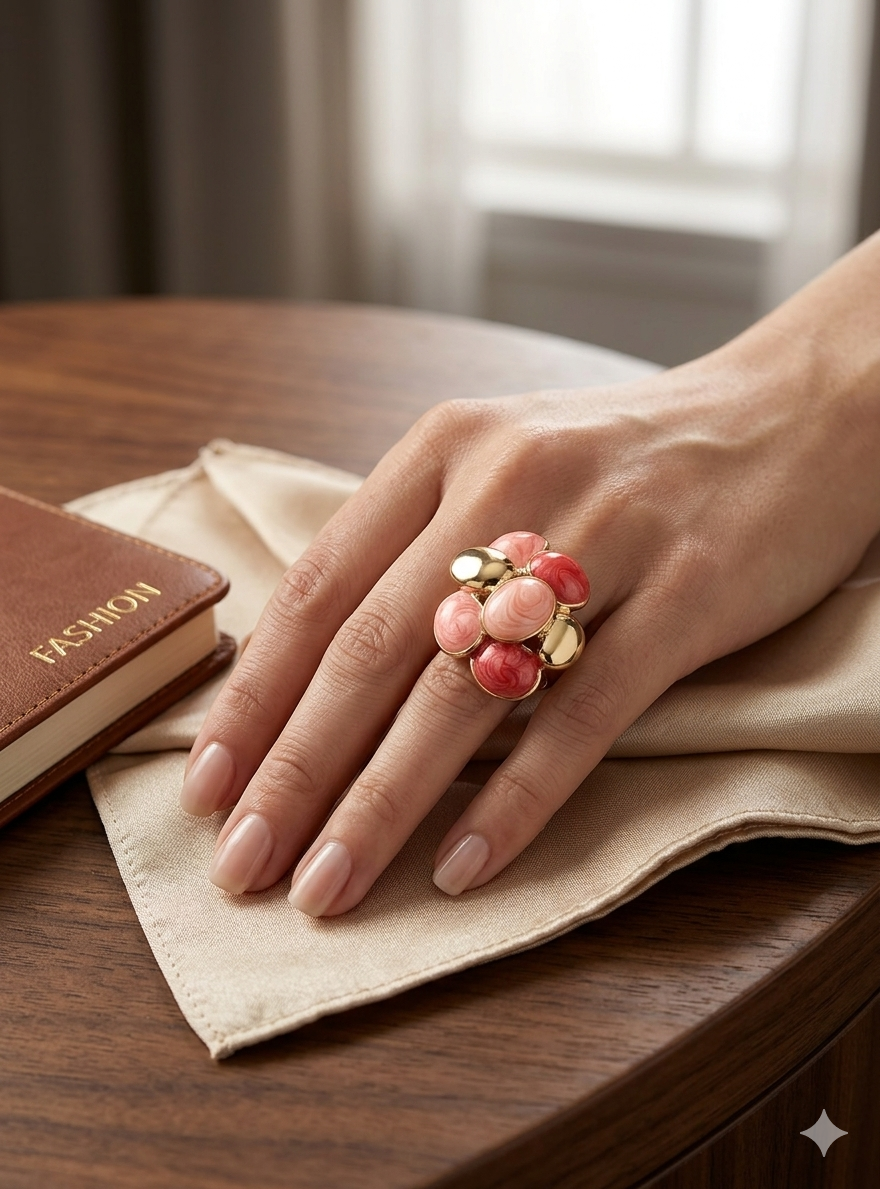 Coral Blush Enamel &amp; Gold Statement Ring