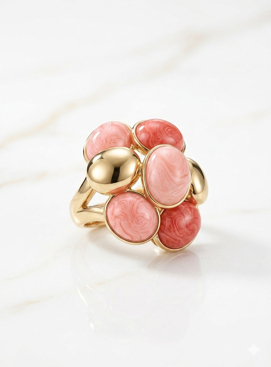 Coral Blush Enamel &amp; Gold Statement Ring