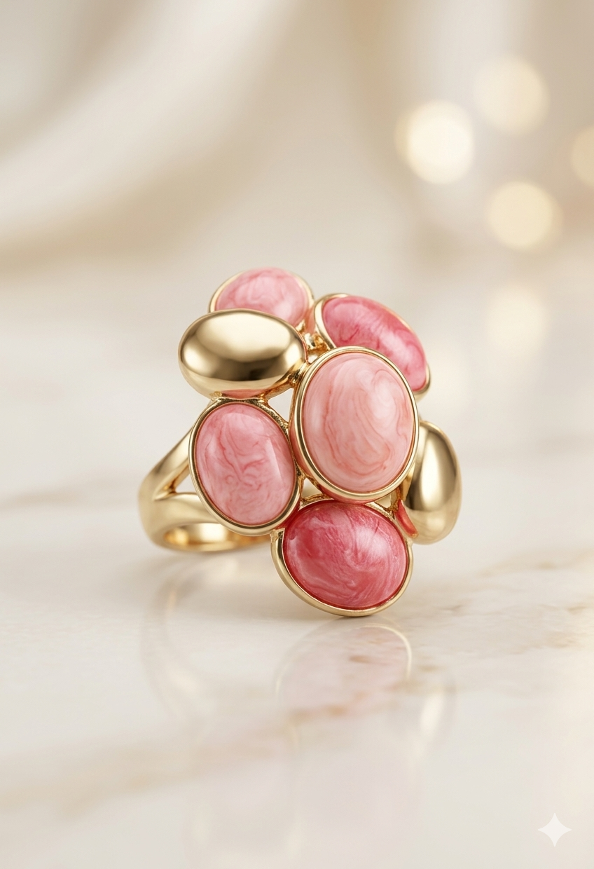 Coral Blush Enamel &amp; Gold Statement Ring