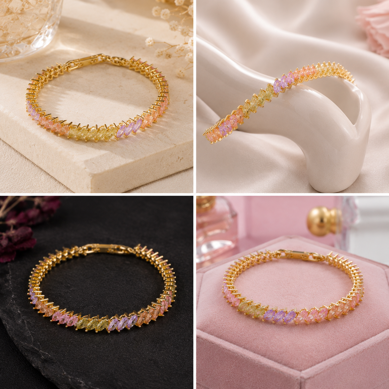 Pastel Crystal Tennis Bracelet – Gold Plated Multicolor Stone Bracelet