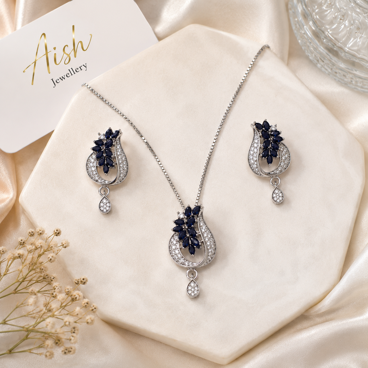 Elegant Floral Stone Pendant Necklace & Earrings Set